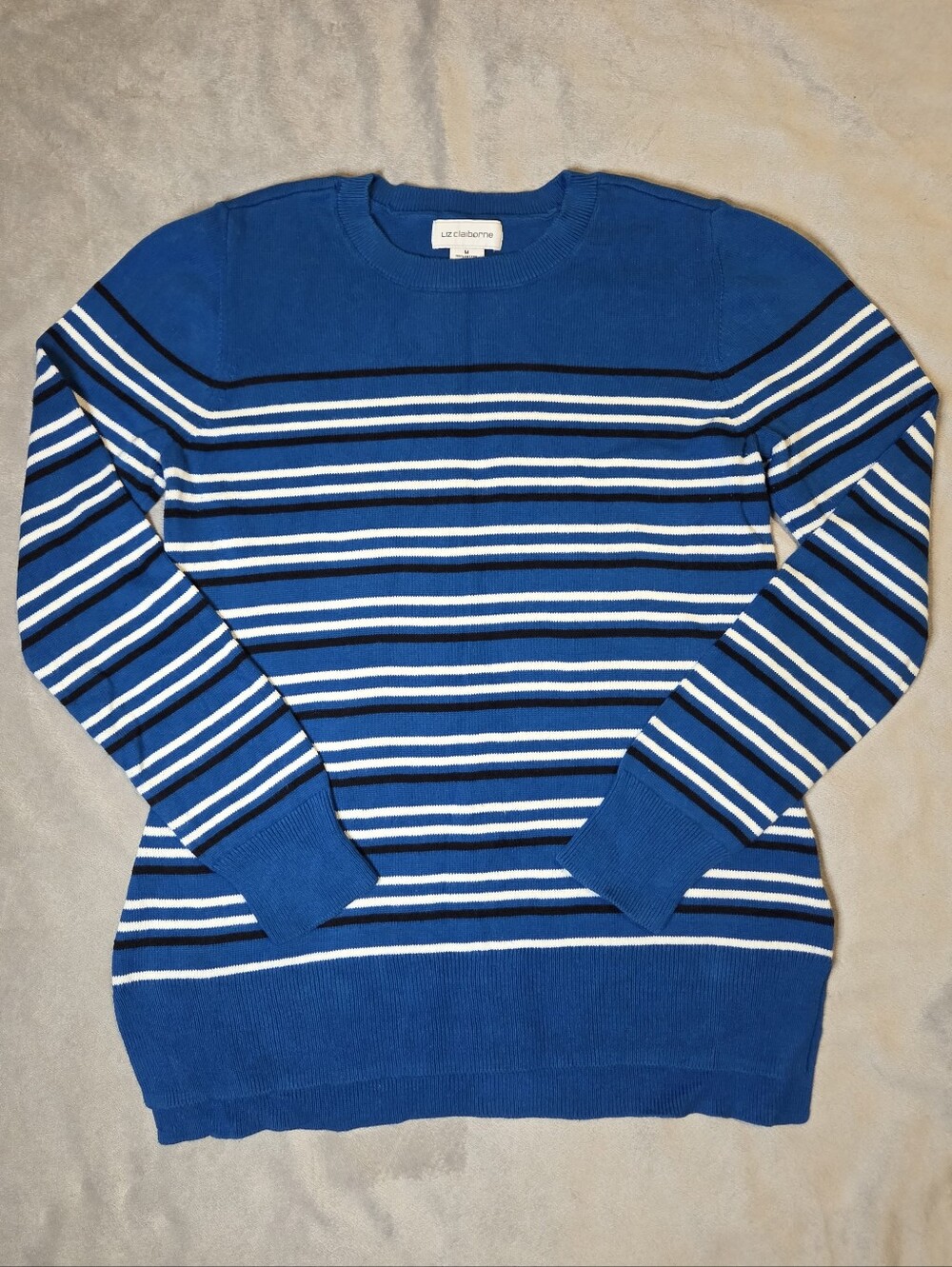 Liz Claiborne Royal Blue Striped 100% Cotton Crewneck Sweater